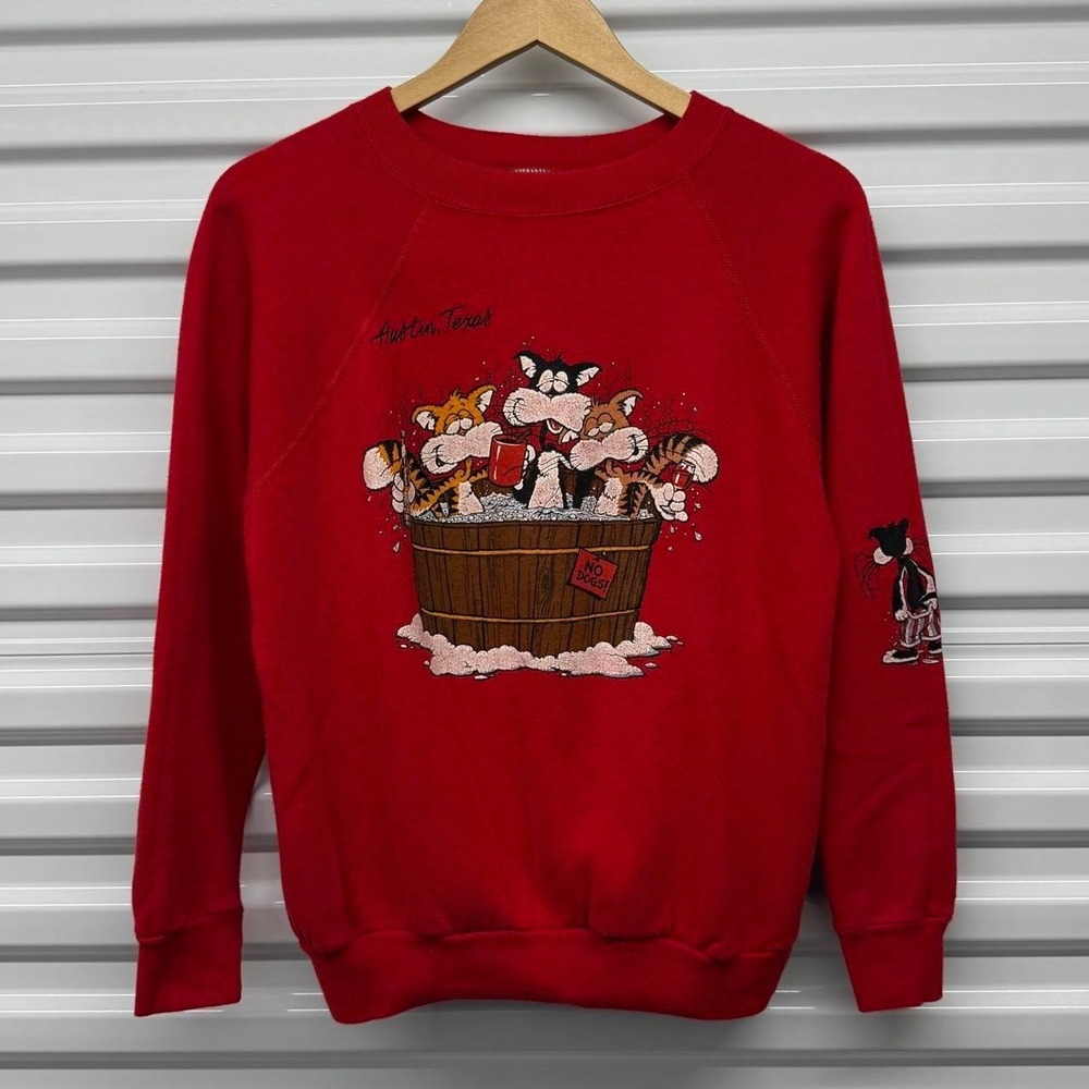 VTG 80's Drunken Cats Austin Texas Double Sided Crewneck Sweatshirt Size L